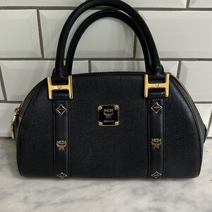 Authentic Vintage MCM Black Dome Studded Leather Charms Handbag w/ Gold Accents